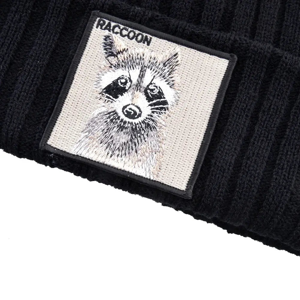 Black ribbed knit beanie with embroidered raccoon face patch, stylish winter hat for men and women, SKU: 14:1254