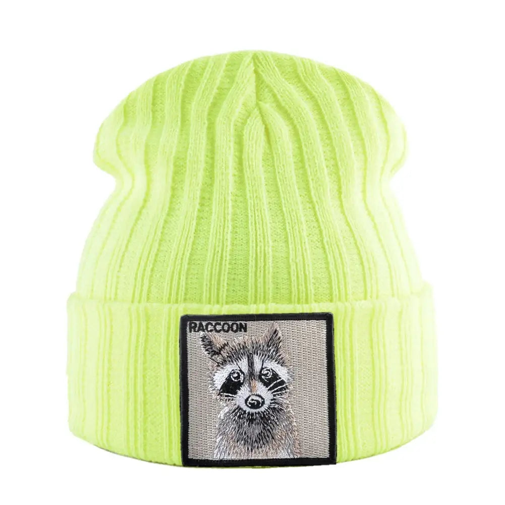 Neon yellow ribbed knit beanie with raccoon patch embroidery, cozy unisex winter hat suitable for autumn and winter