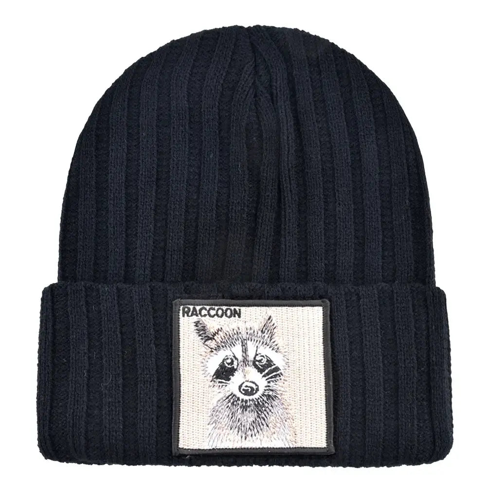 Black ribbed knit beanie with embroidered raccoon patch, cozy unisex winter hat for autumn and winter, SKU: 14:1254