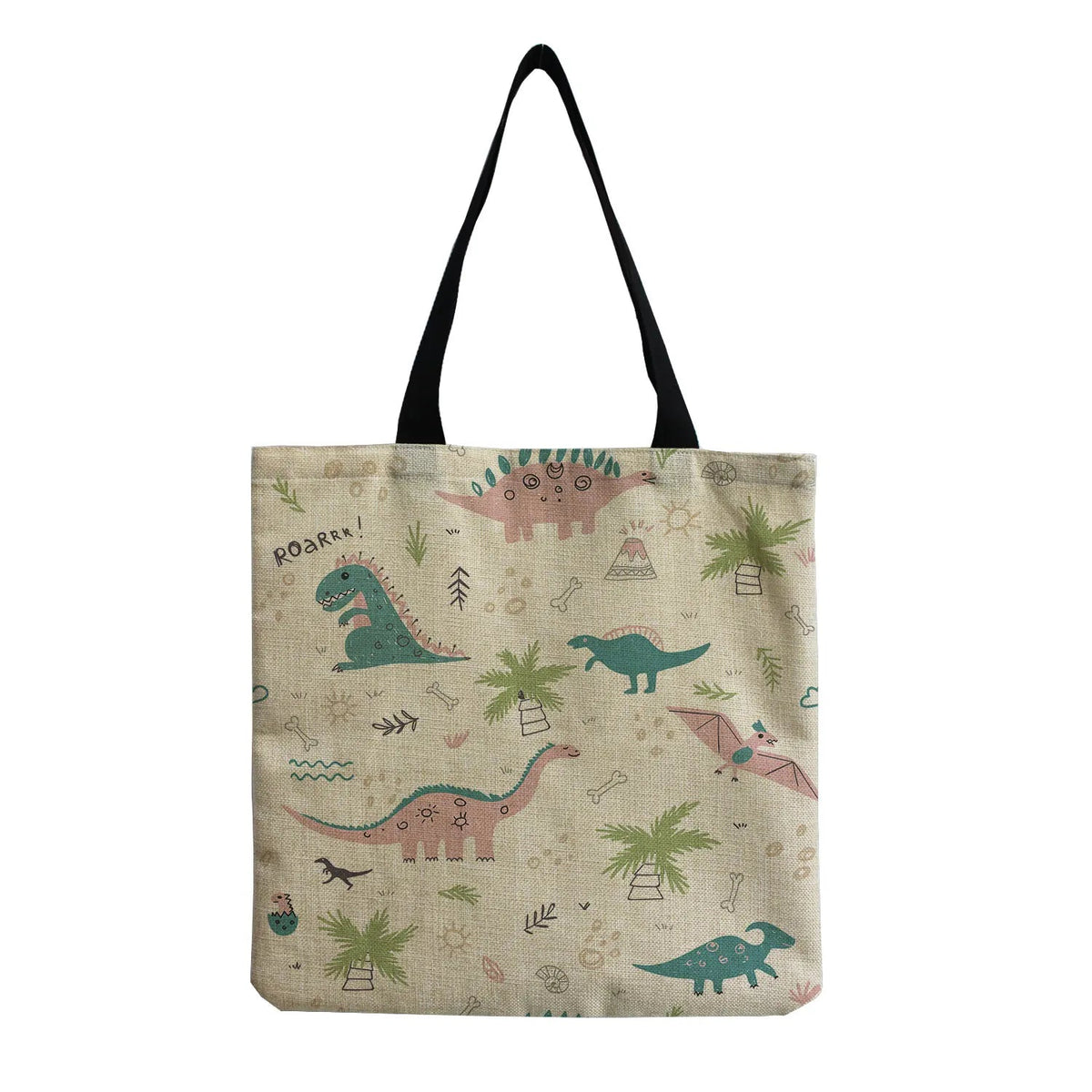 Cartoon Cute Dinosaur Printed Tote Linen Personality Girl Shoulder Bag Large Capacity Travel Storage Packs Women Shopping Bag Petoria Store