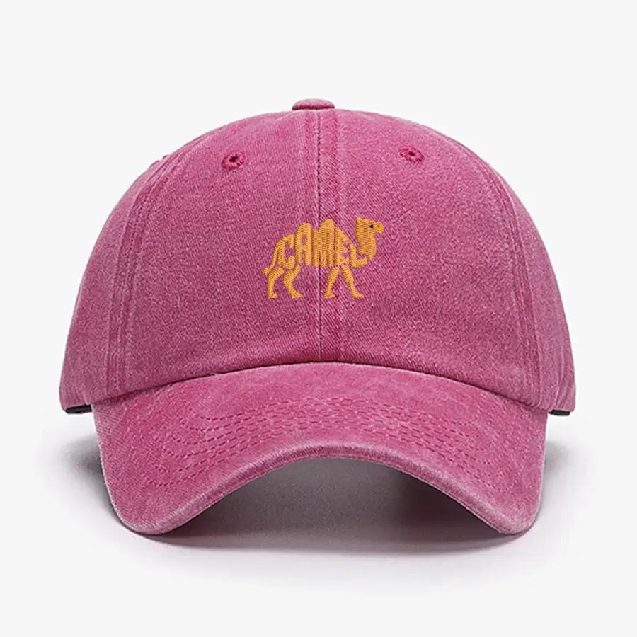 Pink vintage cotton baseball cap with embroidered camel logo, adjustable unisex design, ideal for casual outdoor wear