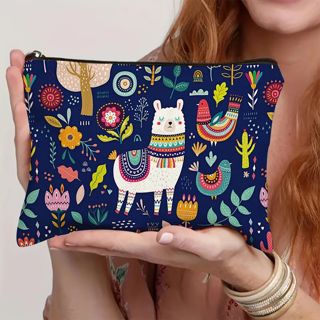 1pc Whimsical Animal Print Makeup Bag - Large Capacity Travel Cosmetic Organizer with Zipper Closure, Cute Llama & Designs Petoria Store