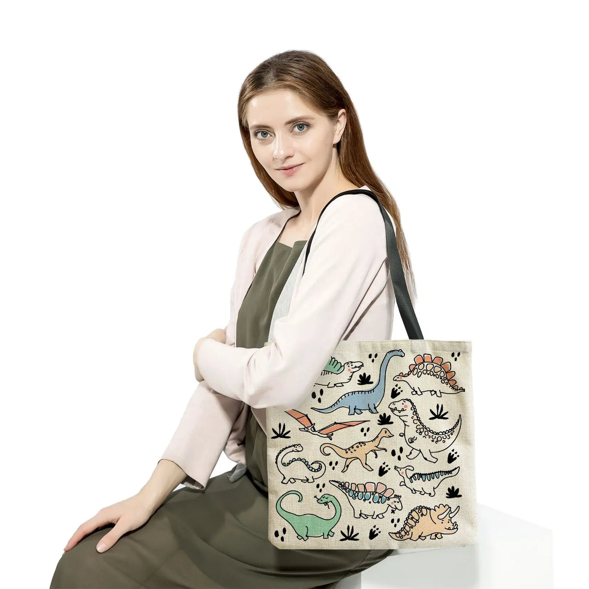 Cartoon Cute Dinosaur Printed Tote Linen Personality Girl Shoulder Bag Large Capacity Travel Storage Packs Women Shopping Bag Petoria Store