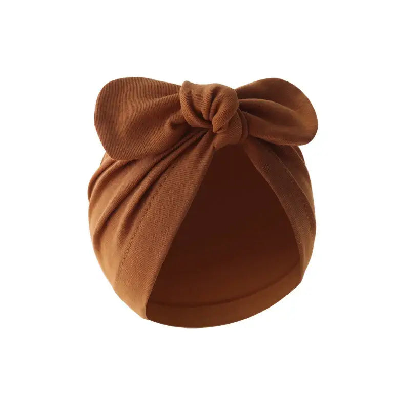 Baby turban hat with a large bow in warm brown cotton, soft and comfortable beanie for babies, ideal for everyday wear and gifts - SKU: 14:202529808