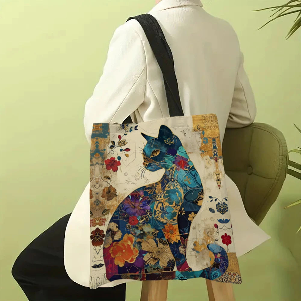Ethnic Flower Cat Pattern Tote Bag, Aesthetic Canvas School Shoulder Bag, Lightweight Grocery Shopping Bag Petoria Store