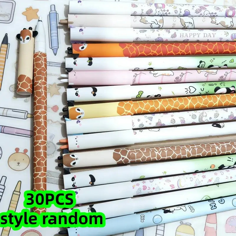 Assorted 10-pack of gel pens with animal-themed designs, including giraffes and pandas, in various pastel and vibrant colors for creative writing
