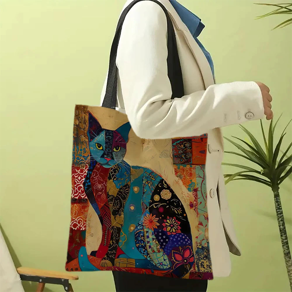 Ethnic Flower Cat Pattern Tote Bag, Aesthetic Canvas School Shoulder Bag, Lightweight Grocery Shopping Bag Petoria Store