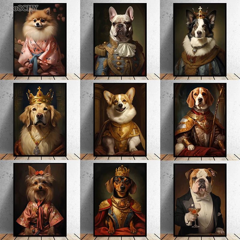 Animal Dog Portrait Art Canvas Painting Dog Dressed King Funny Posters and Prints Wall Art Pictures for Home Living Room Decor Petoria Store
