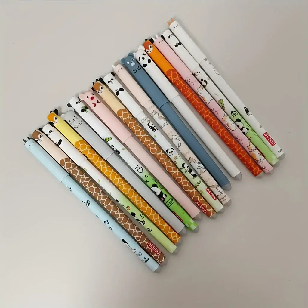 Multiple animal-themed gel pens with colorful patterns held in hand, showcasing fun designs for school, office, or creative use