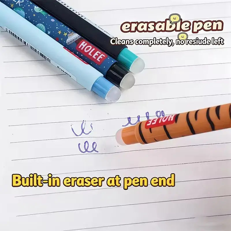 Close-up of eraser pens with built-in erasers at the tip, showcasing animal-themed caps and colorful ink, ideal for precise writing and erasing.