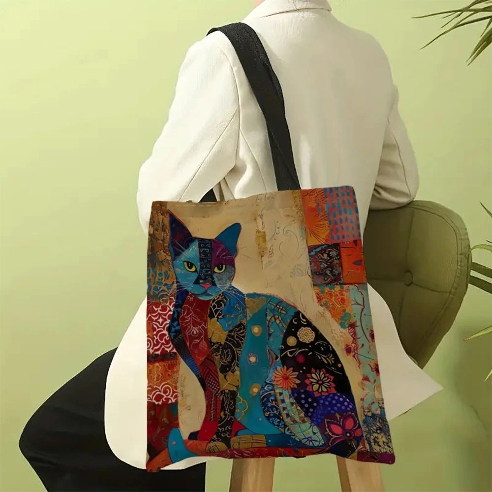 Ethnic Flower Cat Pattern Tote Bag, Aesthetic Canvas School Shoulder Bag, Lightweight Grocery Shopping Bag Petoria Store