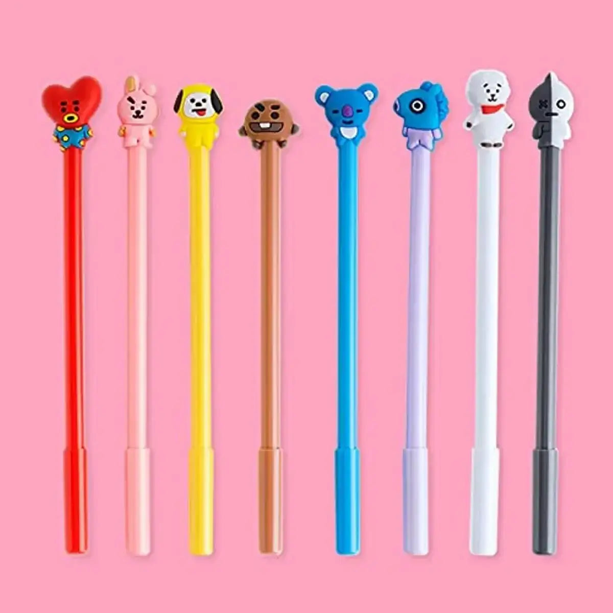 Set of colorful gel pens with cute animal-shaped toppers including bear, bunny, dog, and heart designs on pink background