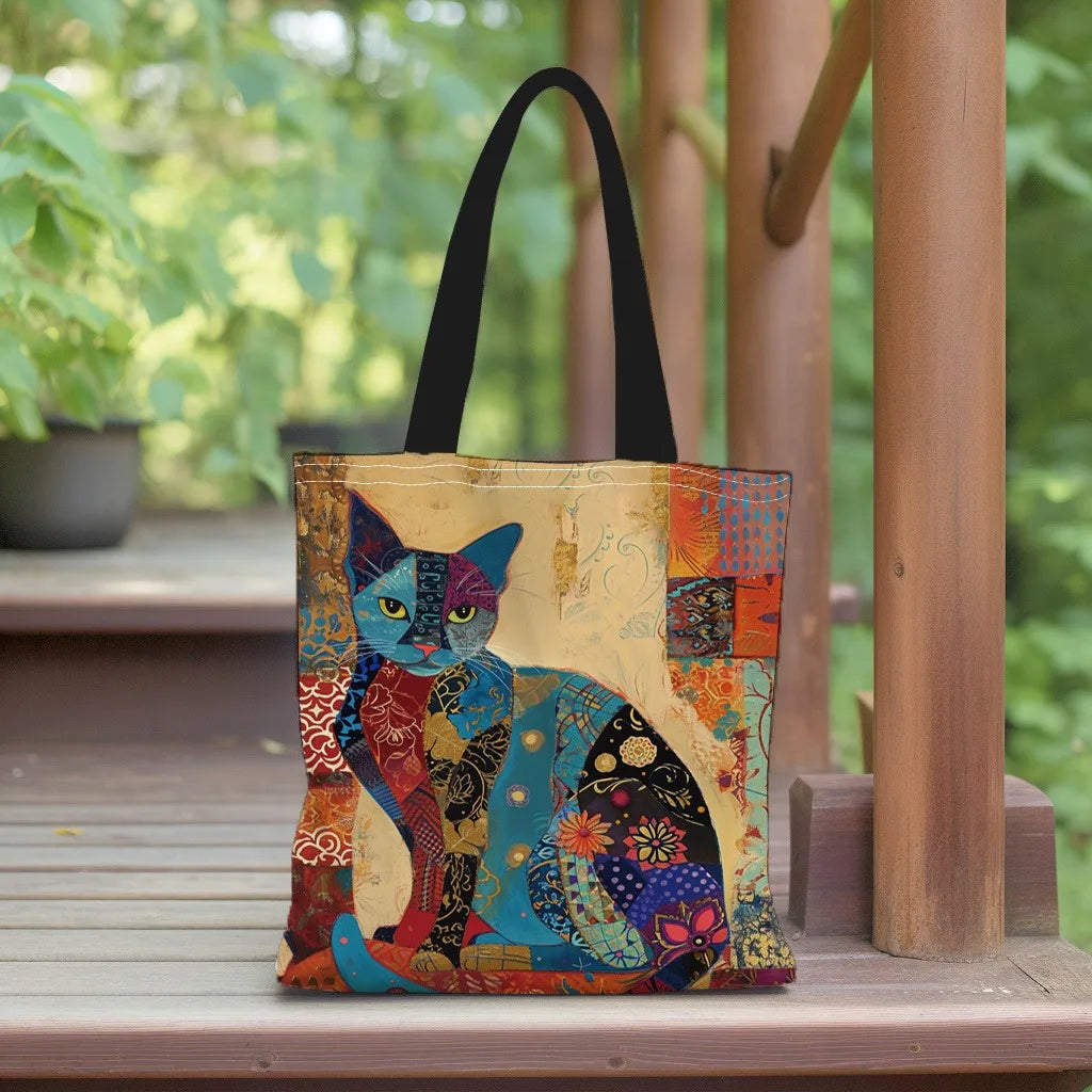 Floral Cat Pattern Tote Bag, Aesthetic Canvas School Shoulder Bag, Lightweight Grocery Shopping Bag Petoria Store