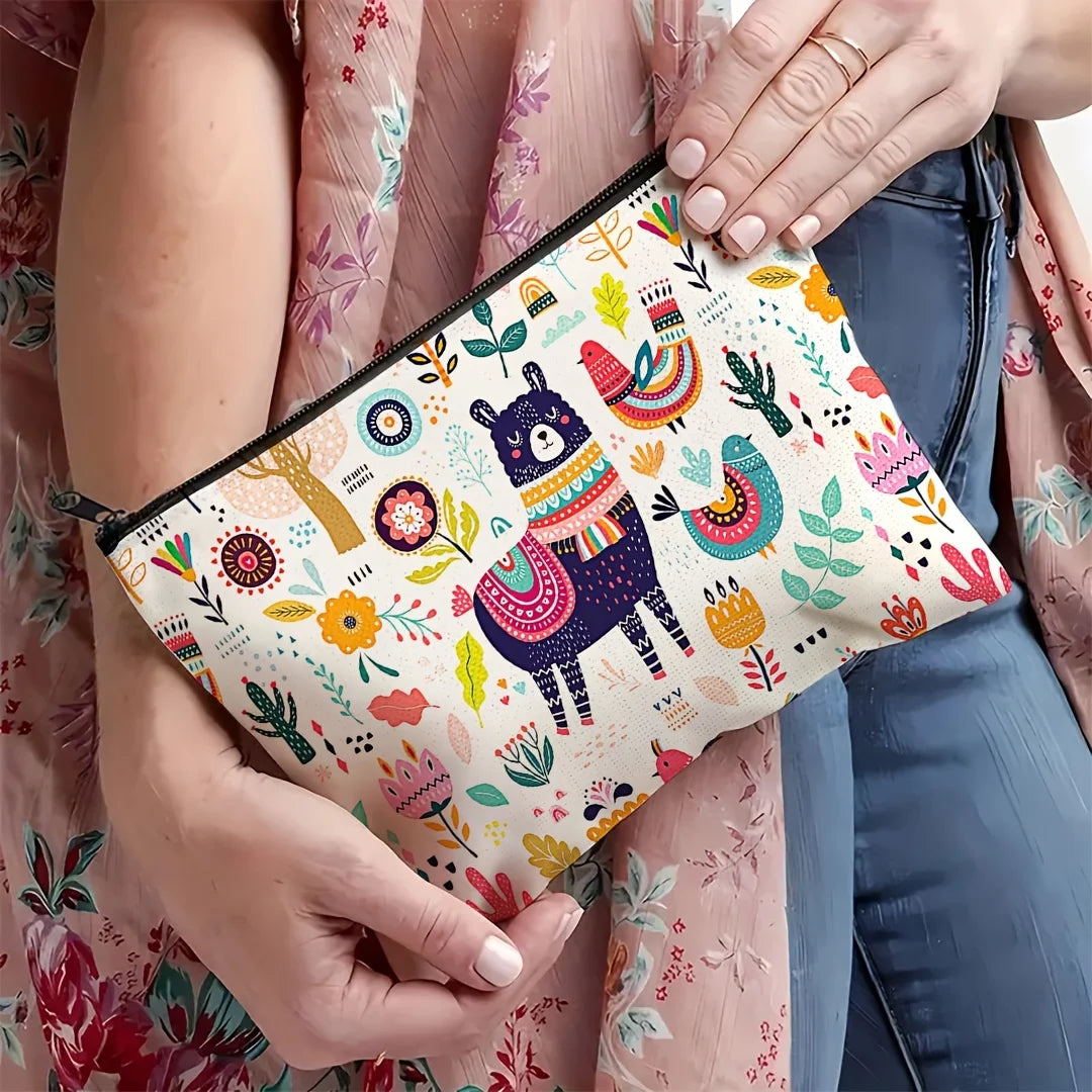 1pc Whimsical Animal Print Makeup Bag - Large Capacity Travel Cosmetic Organizer with Zipper Closure, Cute Llama & Designs Petoria Store