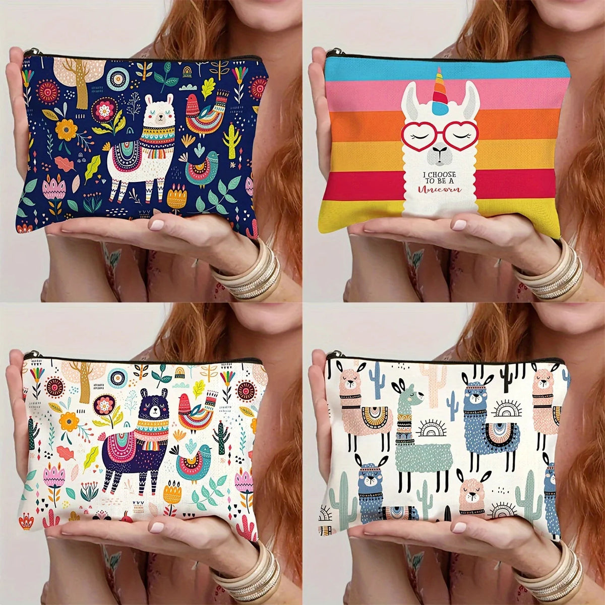 1pc Whimsical Animal Print Makeup Bag - Large Capacity Travel Cosmetic Organizer with Zipper Closure, Cute Llama & Designs Petoria Store