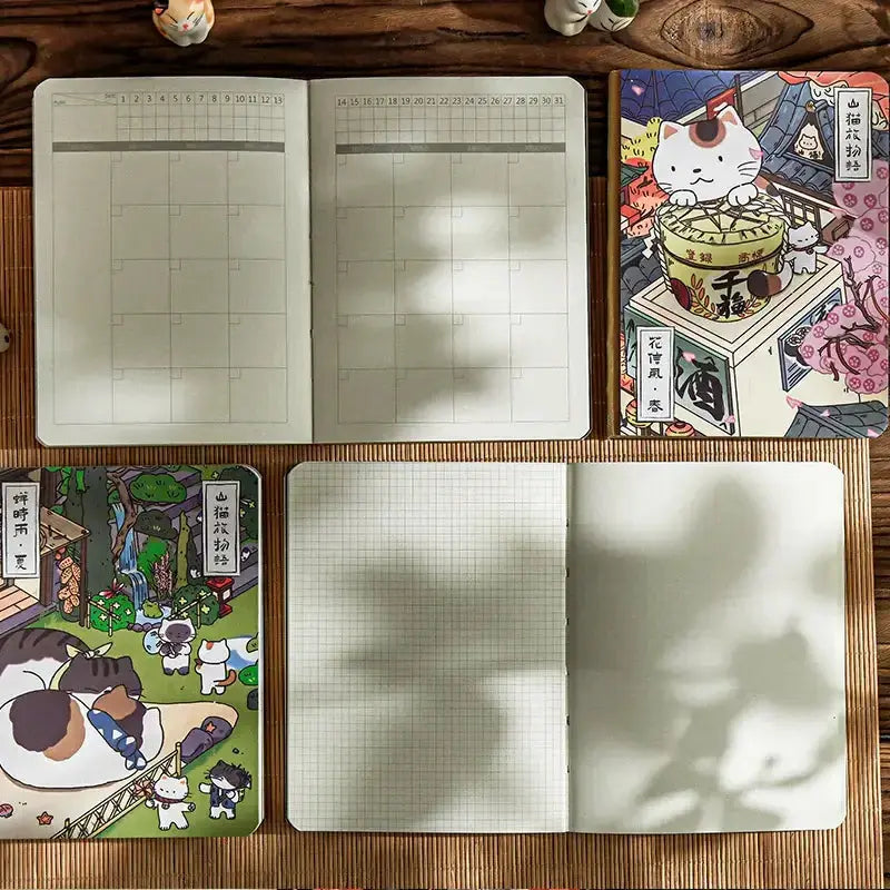 Katzenmotiv Reise-Notizbuch auf einem Tisch, offen mit verschiedenen Seiten-Layouts und einem charmanten Design.