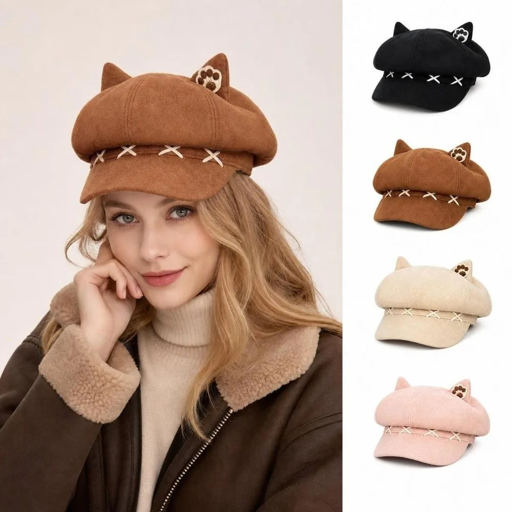 Cute Cat Ear Beret Cap Warm Bow Winter Hat Claw Pattern Painter Beret Hat Women Petoria Store
