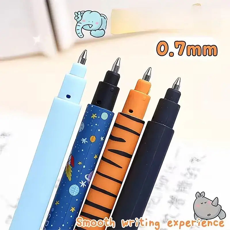 Set of four radierbare Gelstifte mit Tiermotiven in verschiedenen Farben, mit 0.7mm Spitze, ideal für Schule und kreative Projekte