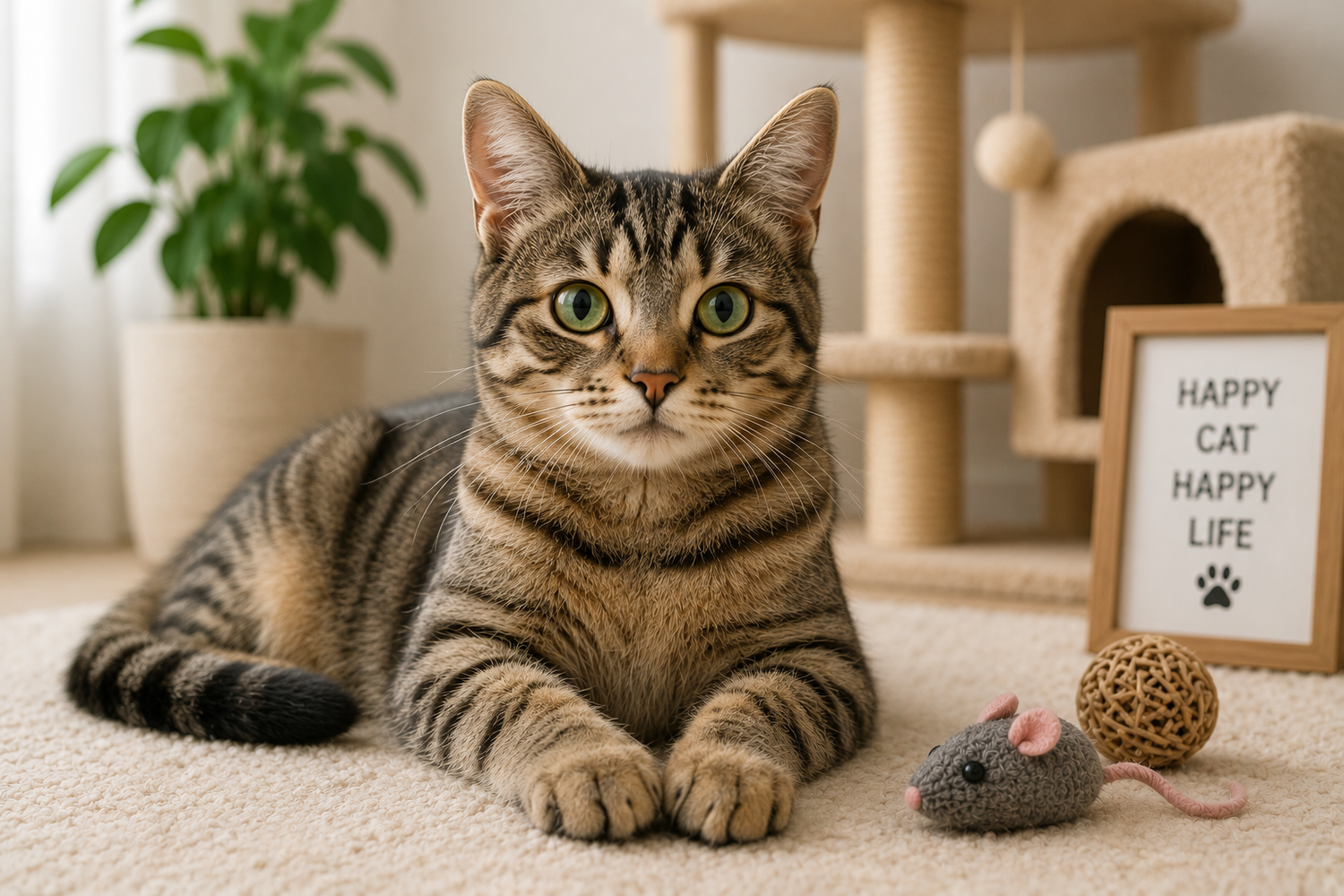 Katzen entspannen sich in ihrem gemütlichen Zuhause mit Spielzeug und einer positiven Botschaft.