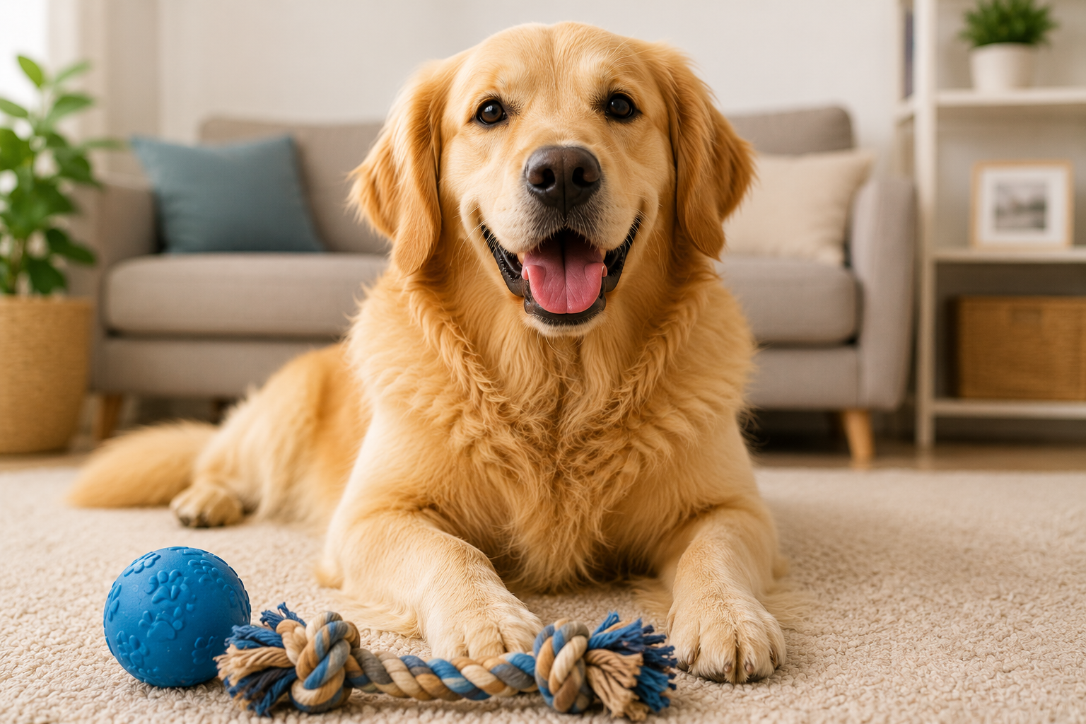 Lächelnder Golden Retriever mit Hundespielzeug auf dem Teppich zu Hause, Teil der Hunde Zubehör Sammlung.