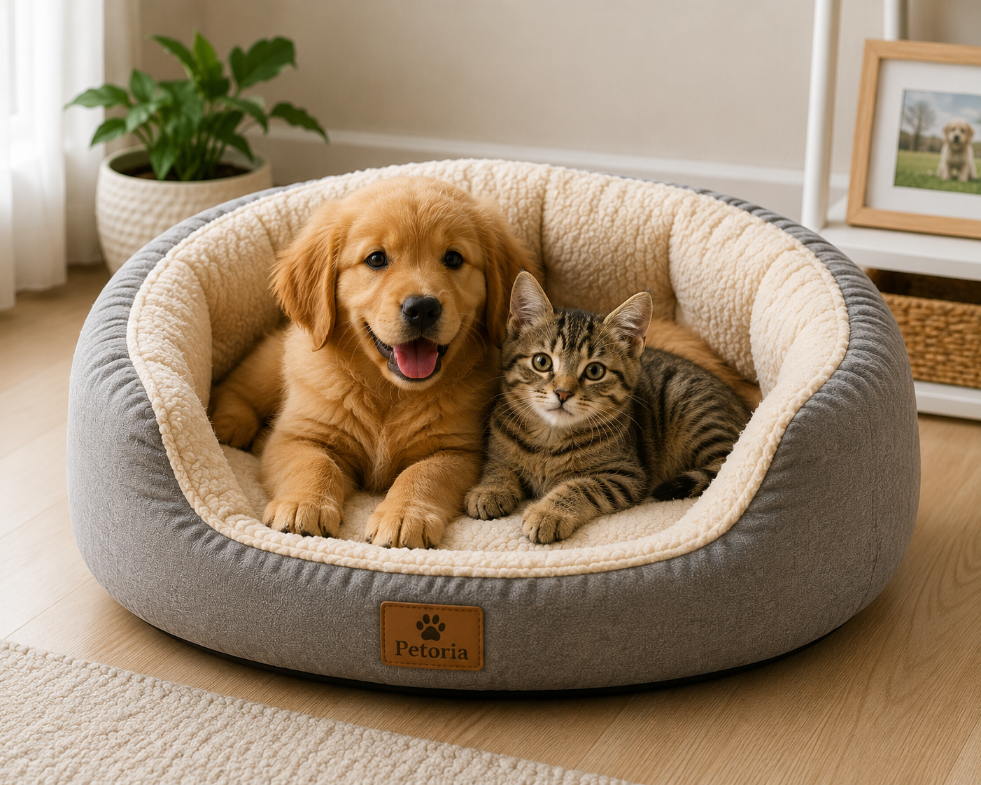 Zwei Haustiere, ein Welpe und eine Katze, in einem gemütlichen Haustierbettchen relaxen.