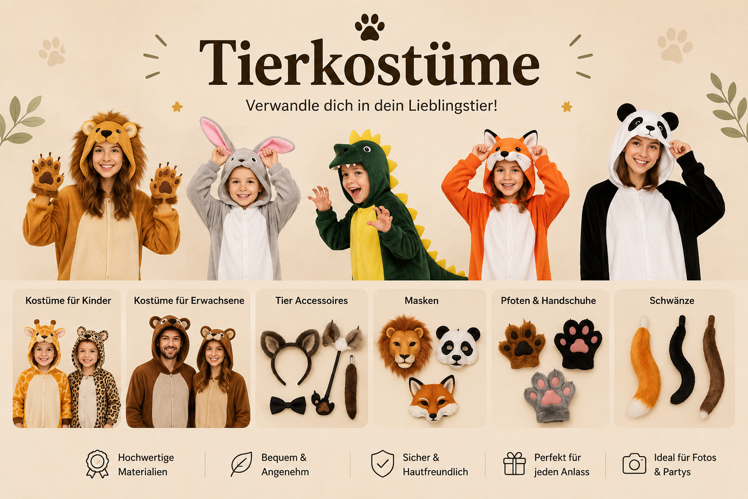 Tierkostüme für Kinder und Erwachsene in verschiedenen Designs, ideal für Feste und Feiern.
