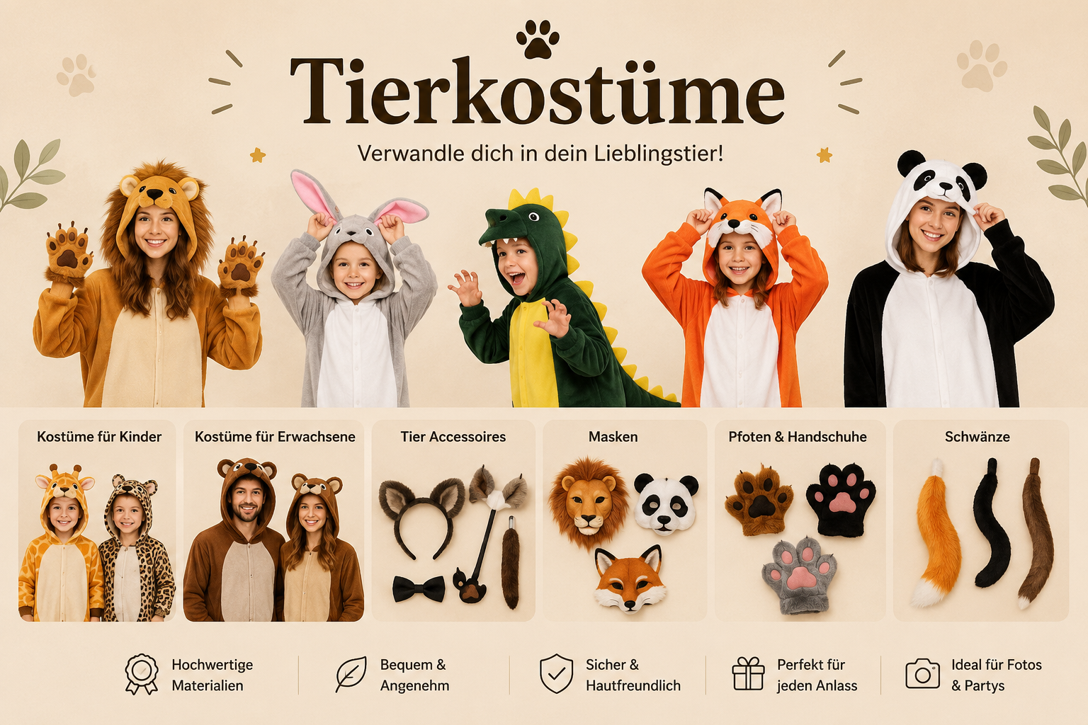 Tierkostüme für Kinder und Erwachsene in verschiedenen Designs, ideal für Feste und Feiern.