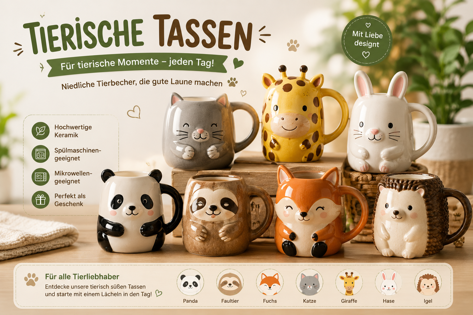 Tierische Tassen mit verschiedenen Tiermotiven für gute Laune und als Geschenk für alle Tierliebhaber.