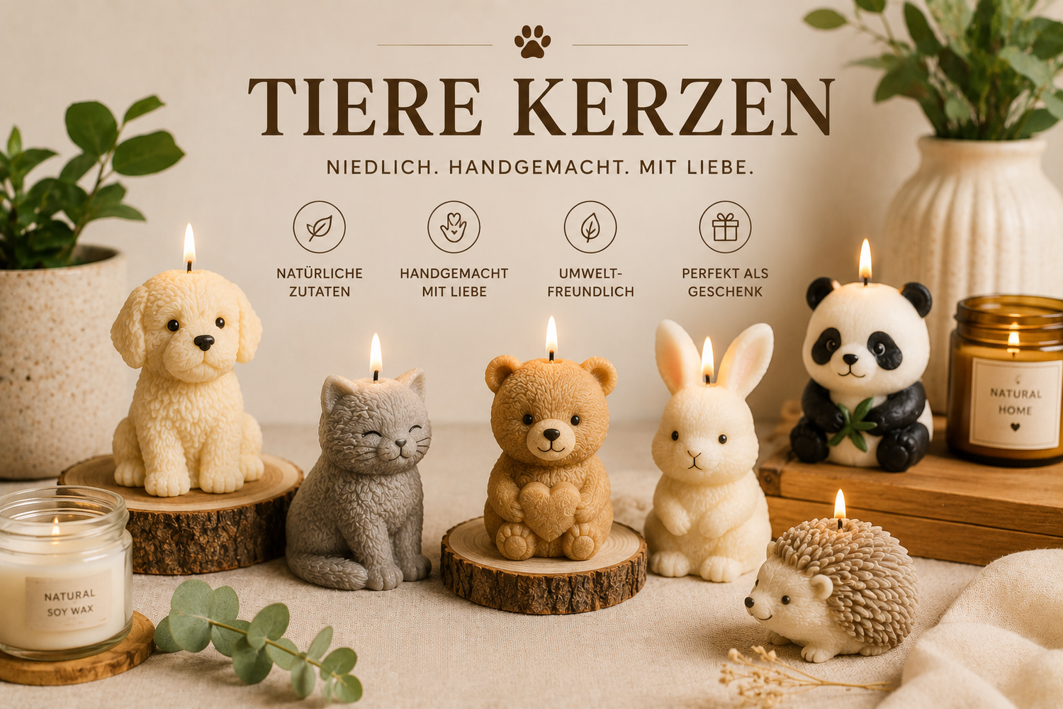 Tierische Kerzen: niedliche, handgemachte Kerzen in Tierform auf Holzscheiben arrangiert.