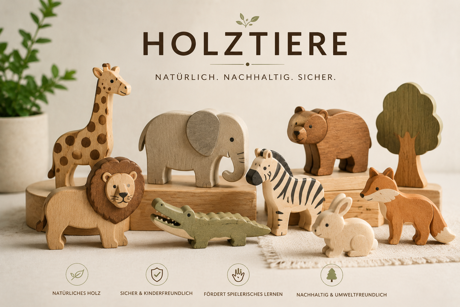 Holztiere aus Naturholz für Kinder, sicher und umweltfreundlich, ideal zum Spielen und Dekorieren.