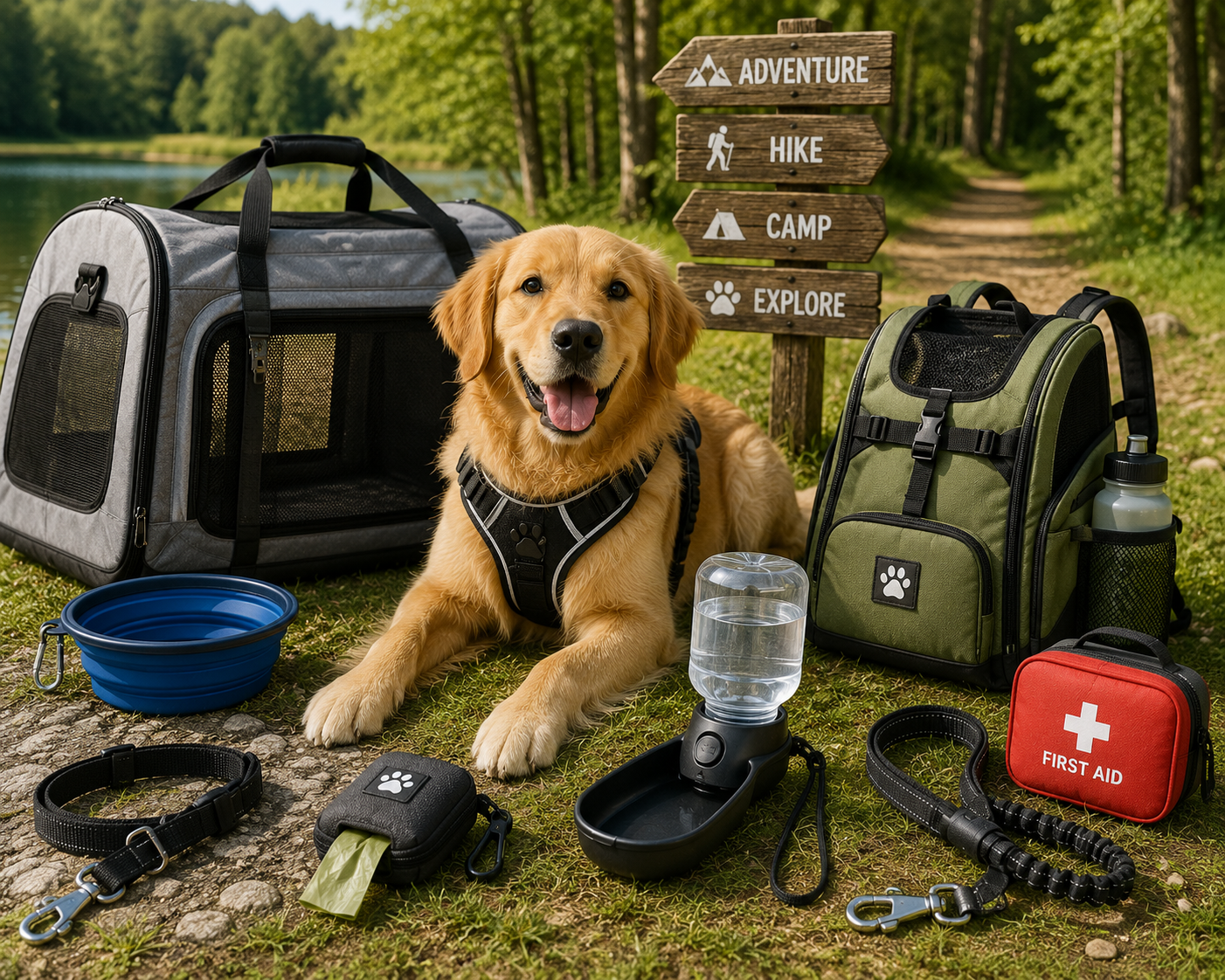 Reise- und Outdoor-Ausrüstung mit einem glücklichen Hund, der am Wasser sitzt, umgeben von Campingzubehör.