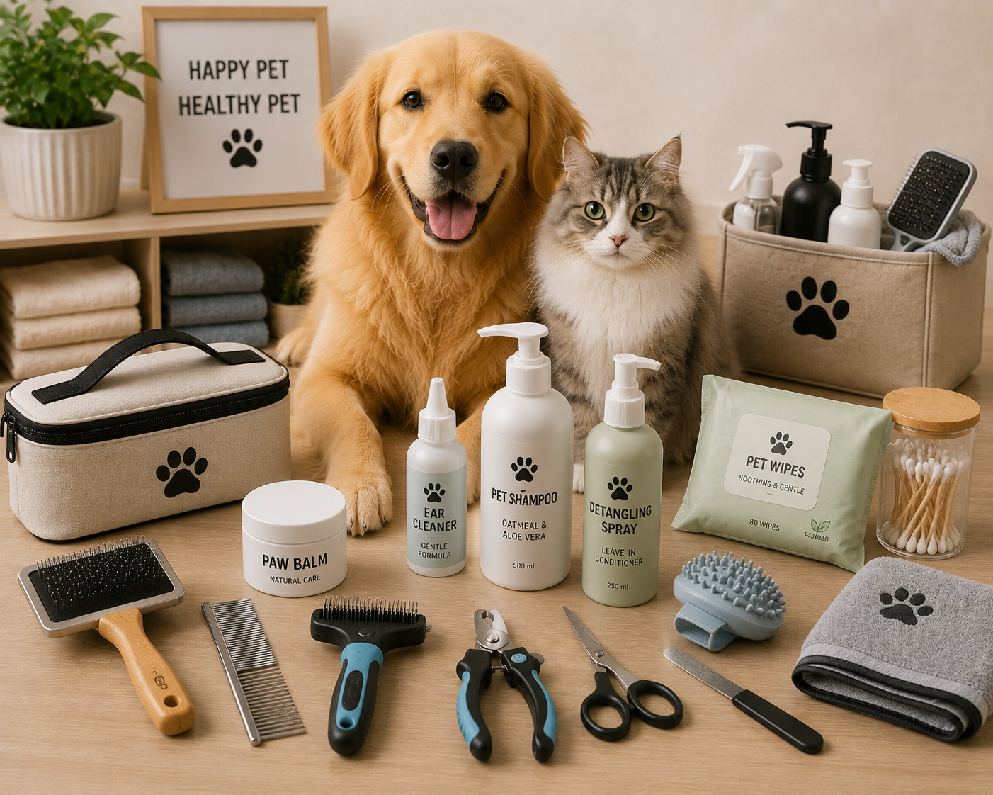 Pflege & Hygiene: Hund und Katze mit Pflegeprodukten für Haustiere auf einem Tisch arrangiert