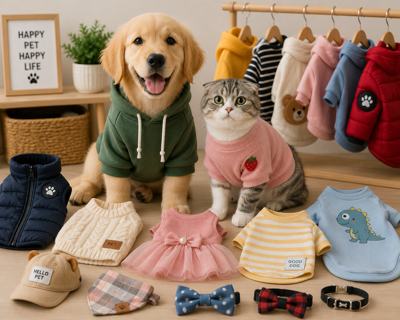 Tierbekleidung für Hunde und Katzen, darunter Strickpullover, Jacken und süße Accessoires.