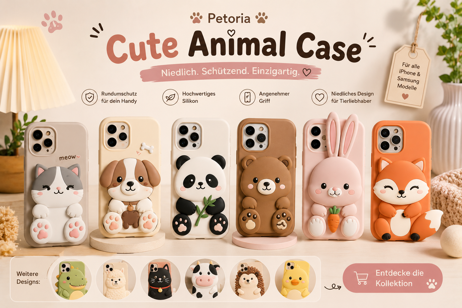 Niedliche Tier-Handyhüllen mit niedlichen Designs von Hund, Katze, Panda und mehr in einer stilvollen Kollektion.