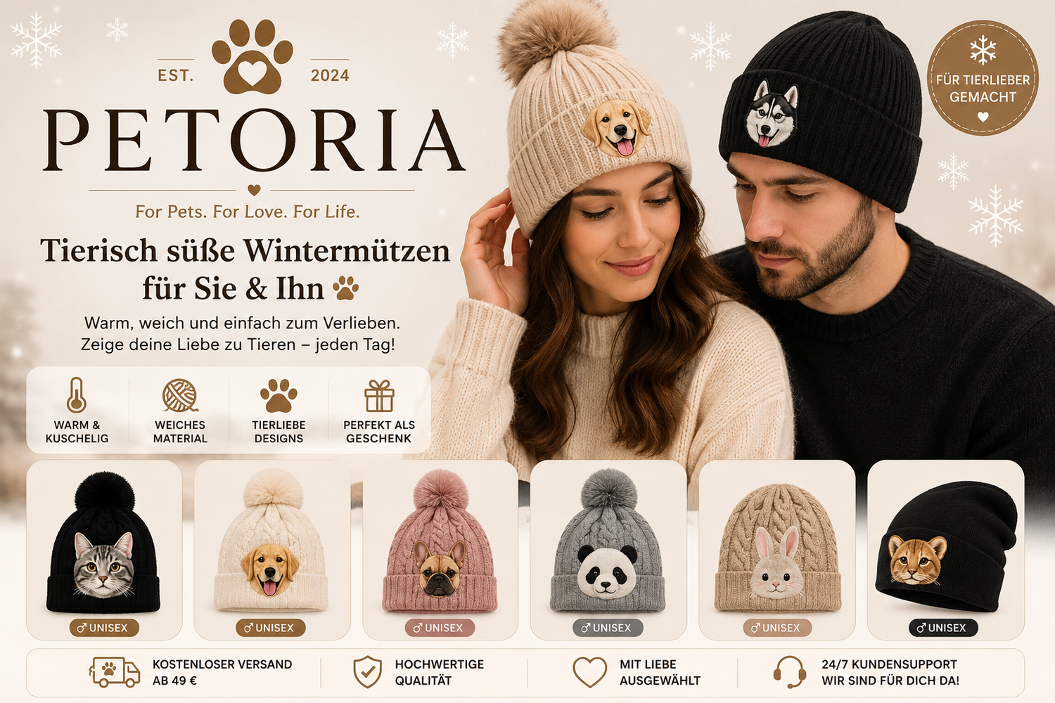 Caps und Mützen mit Tiermotiven aus weichem Material, perfekte Wintermode für tierliebe Menschen.