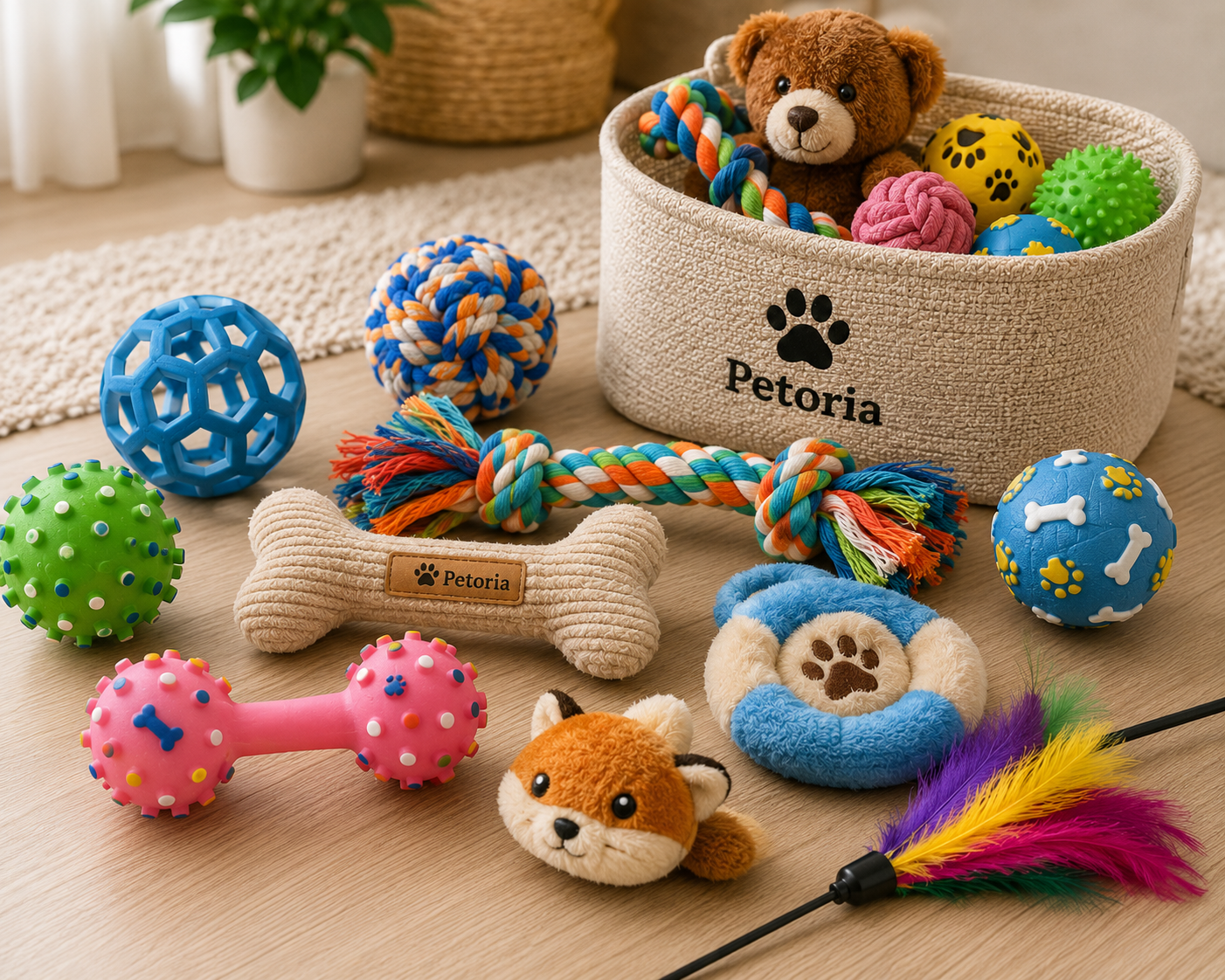 Tier spielzeug für hunde und katzen in einer bunten Auswahl, darunter Bälle, Seile und Plüschtiere, ideal für Haustiere.