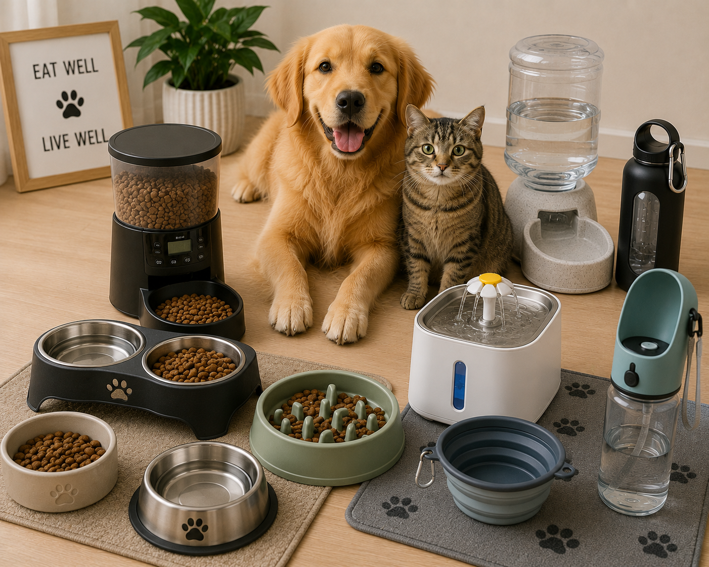 Fütterung &amp; Tränken Zubehör für Hunde und Katzen, inklusive Futter- und Wassernäpfe.