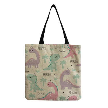 Cartoon Cute Dinosaur Printed Tote Linen Personality Girl Shoulder Bag Large Capacity Travel Storage Packs Women Shopping Bag Petoria Store