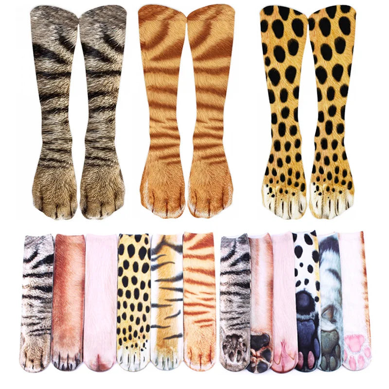 3 Paar Tiere-Katzensocken, Unisex, 3D-gedruckt, lustiger Tiger, Leopardenpfote, mittlere Röhrensocken, modisches glückliches Geschenk, Kombination weiblich