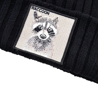 Black ribbed knit beanie with embroidered raccoon face patch, stylish winter hat for men and women, SKU: 14:1254