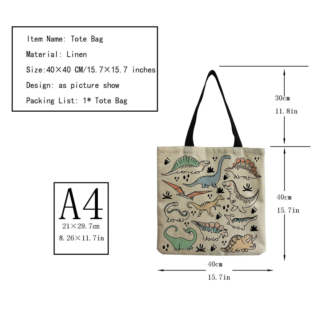 Cartoon Cute Dinosaur Printed Tote Linen Personality Girl Shoulder Bag Large Capacity Travel Storage Packs Women Shopping Bag Petoria Store