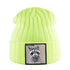 Neon yellow ribbed knit beanie with raccoon patch embroidery, cozy unisex winter hat suitable for autumn and winter