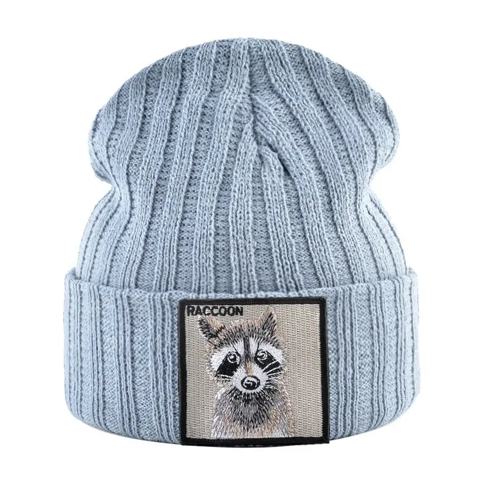 Black knitted beanie with raccoon patch, cozy unisex winter hat, ribbed design, suitable for winter wear, SKU: 14:1254