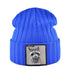 Blue ribbed knit beanie with raccoon patch, measuring 23cm height and 22cm width, featuring a raccoon illustration patch, suitable for cold weather.
