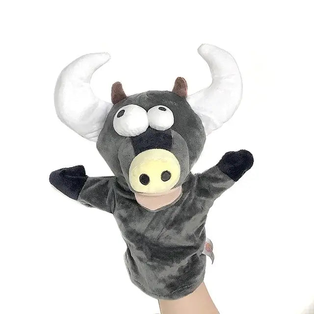 Petoria™ Tier Handpuppe Deluxe in Form eines niedlichen, grau-schwarzen Bullen mit Hörnern und großen Augen.