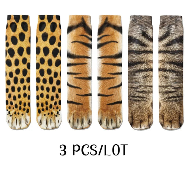 3 Paar Tiere-Katzensocken, Unisex, 3D-gedruckt, lustiger Tiger, Leopardenpfote, mittlere Röhrensocken, modisches glückliches Geschenk, Kombination weiblich
