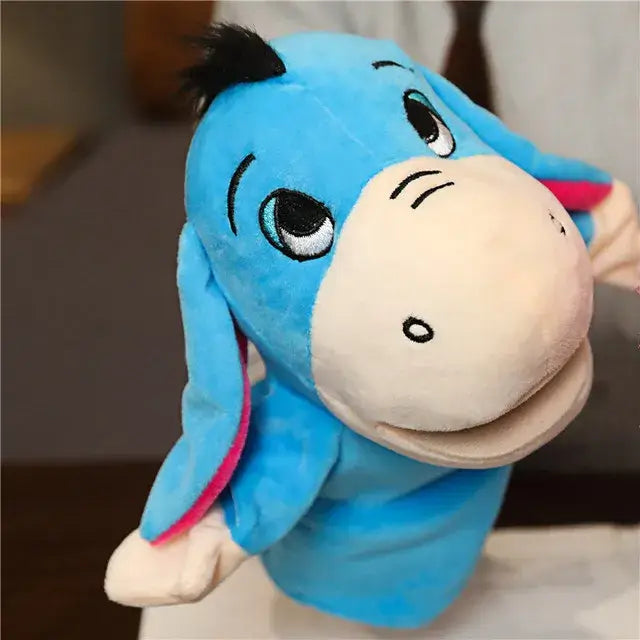 🦖 Petoria™ Tier Handpuppe Deluxe in Form eines blauen Esel mit großen Augen und weichem Material für kreatives Spiel.