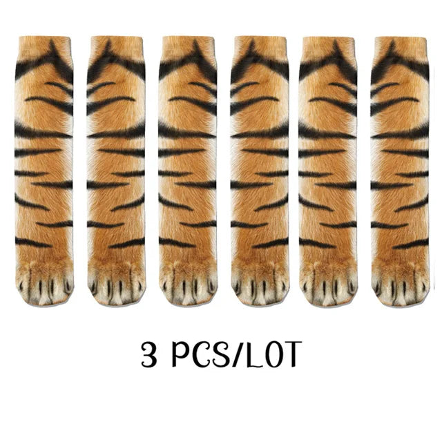 3 Paar Tiere-Katzensocken, Unisex, 3D-gedruckt, lustiger Tiger, Leopardenpfote, mittlere Röhrensocken, modisches glückliches Geschenk, Kombination weiblich