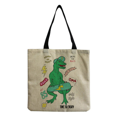 Cartoon Cute Dinosaur Printed Tote Linen Personality Girl Shoulder Bag Large Capacity Travel Storage Packs Women Shopping Bag Petoria Store