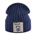 Beige ribbed knit beanie with raccoon patch, measuring 23cm height and 22cm width, featuring a raccoon illustration patch, perfect for winter.